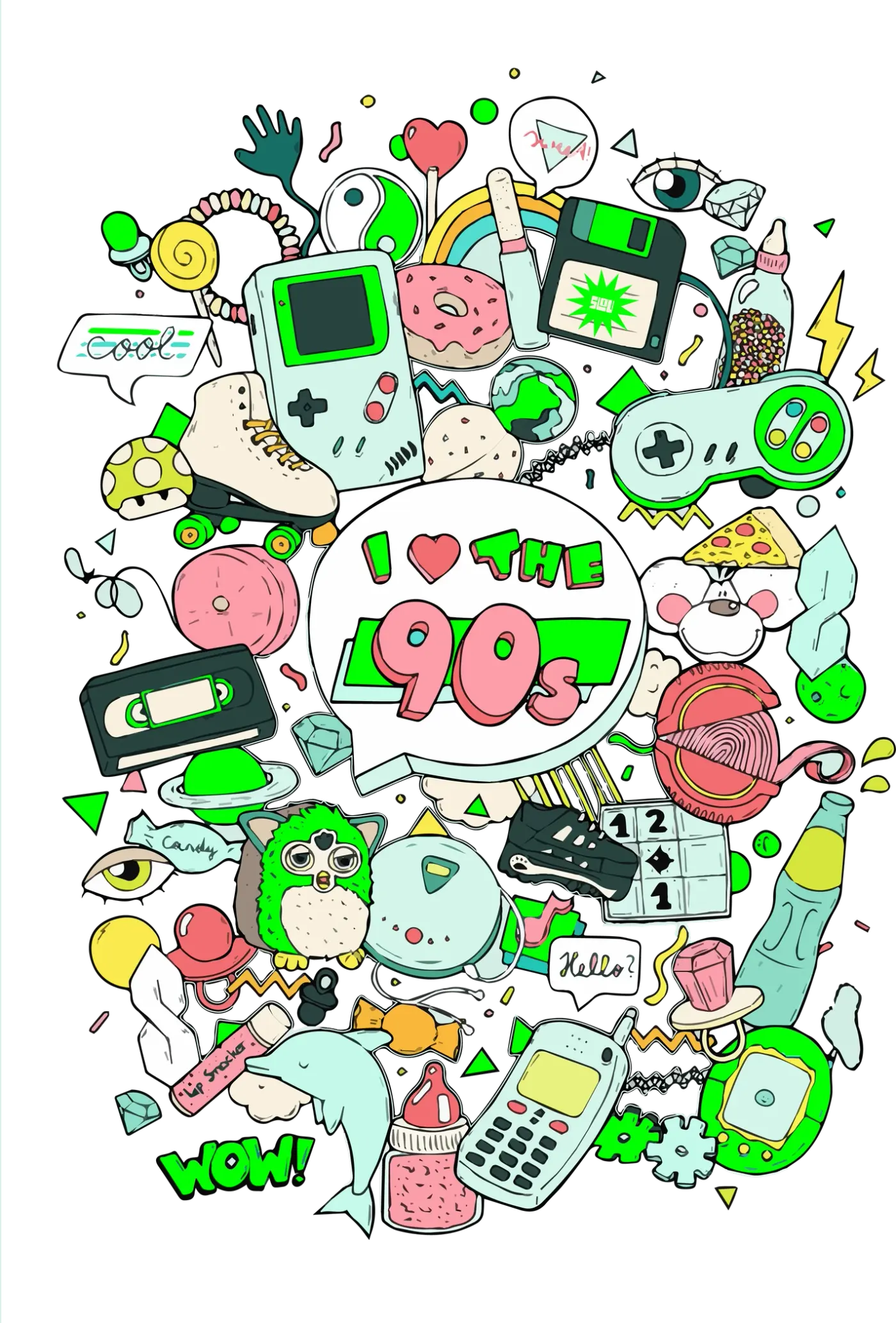 Mural I love the SLOU: un cuarto de los 90 con Game Boy, disquete, casete, Nokia y Tamagotchi
